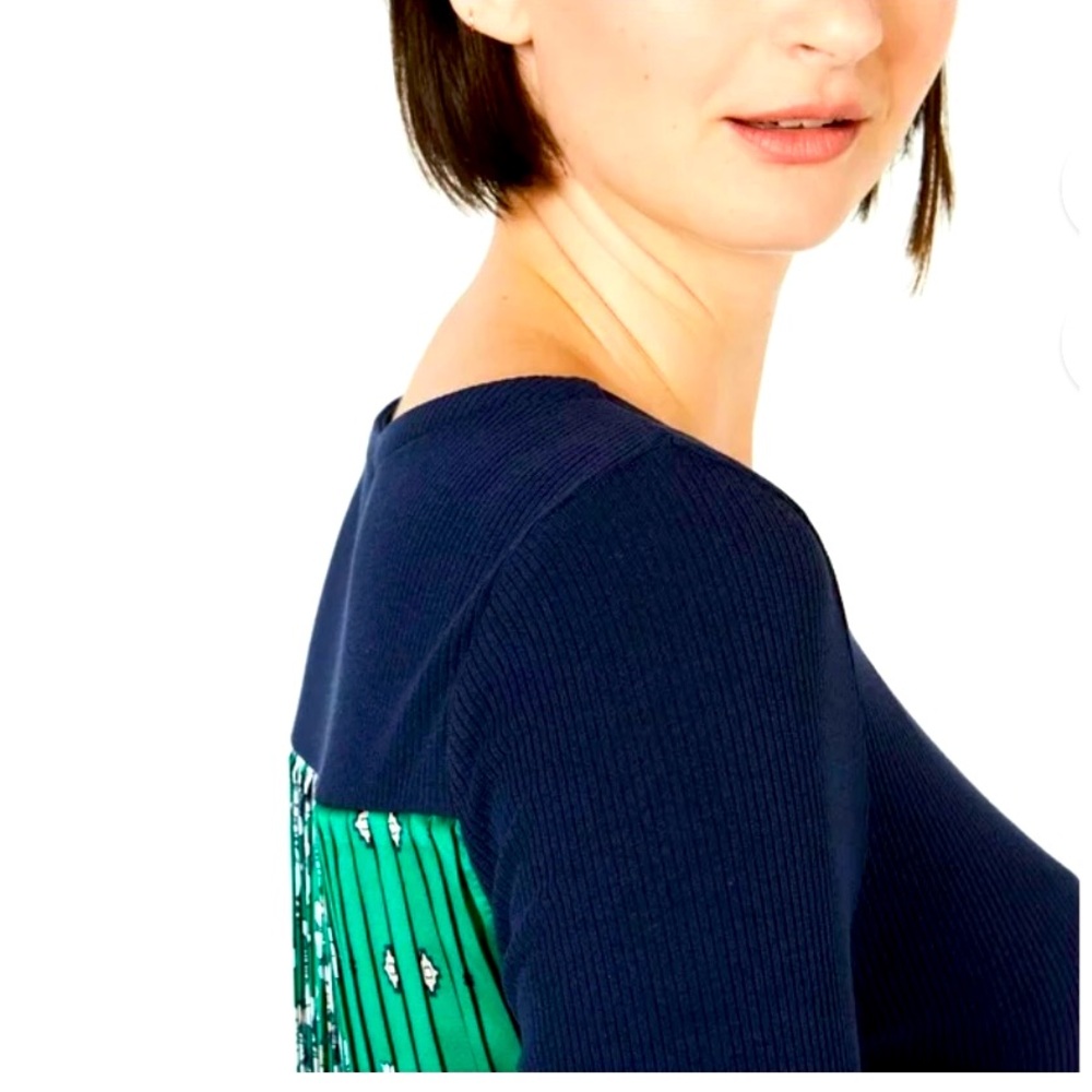 Charter Club Women's Blue Green Contrast Pleated-Back Ribbed Top Boho Sz L